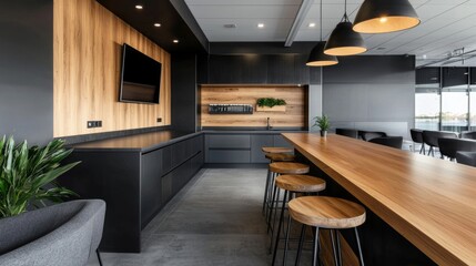 Fototapeta premium Modern office interior with wooden accents and stylish seating in contemporary workspace