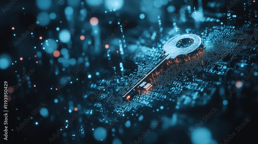 Poster An abstract image of a key and binary code, symbolizing the concept of data protection and cyber security in a digital, generative AI style.