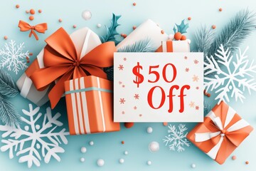 A detailed illustration of a holiday-themed voucher featuring vibrant snowflake patterns, gift boxes, and a cheerful â€œ$50 Offâ€ message