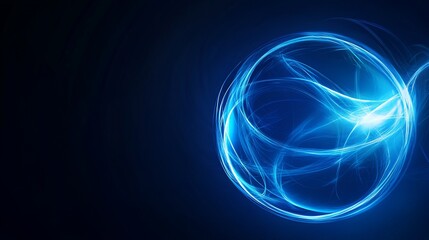 A glowing blue orb surrounded by dynamic light trails on a dark background.