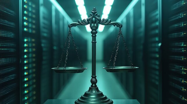 Scales of Justice in Server Room Data Ethics and Law. - Powered by Adobe