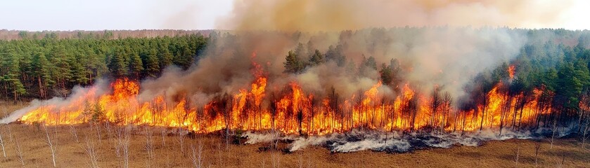 Intense Wildfire Raging Through Dense Forest Area with Smoke Billowing and Flames Consuming Vegetation in an Overhead Aerial View