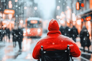 A disabled man in a wheelchair struggling to navigate a crowded street, while others pass by without noticing