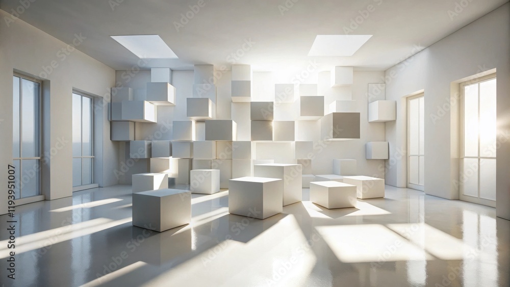 Aufkleber Sunlit Modern Room with Cubic Wall Feature and Platforms