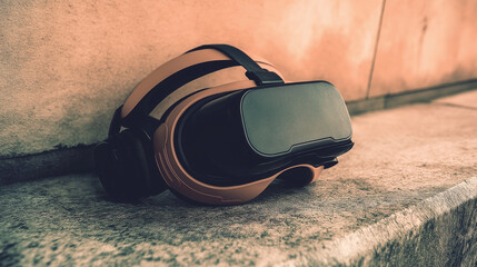 A virtual reality (VR) headset resting on a textured concrete surface - Generative AI