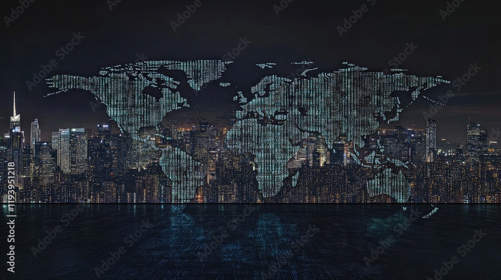 Poster Binary codes overlayed on a digital world map with an urban city skyline in the background at night, symbolizing the digital age and the global flow of information