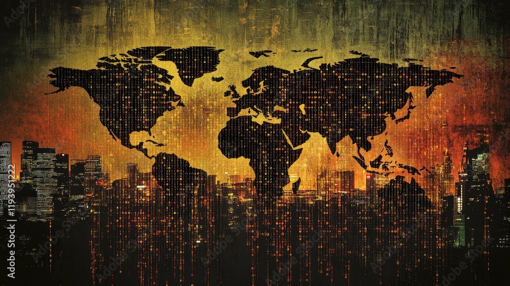 Aufkleber Binary codes overlayed on a digital world map with an urban city skyline in the background at night, symbolizing the digital age and the global flow of information