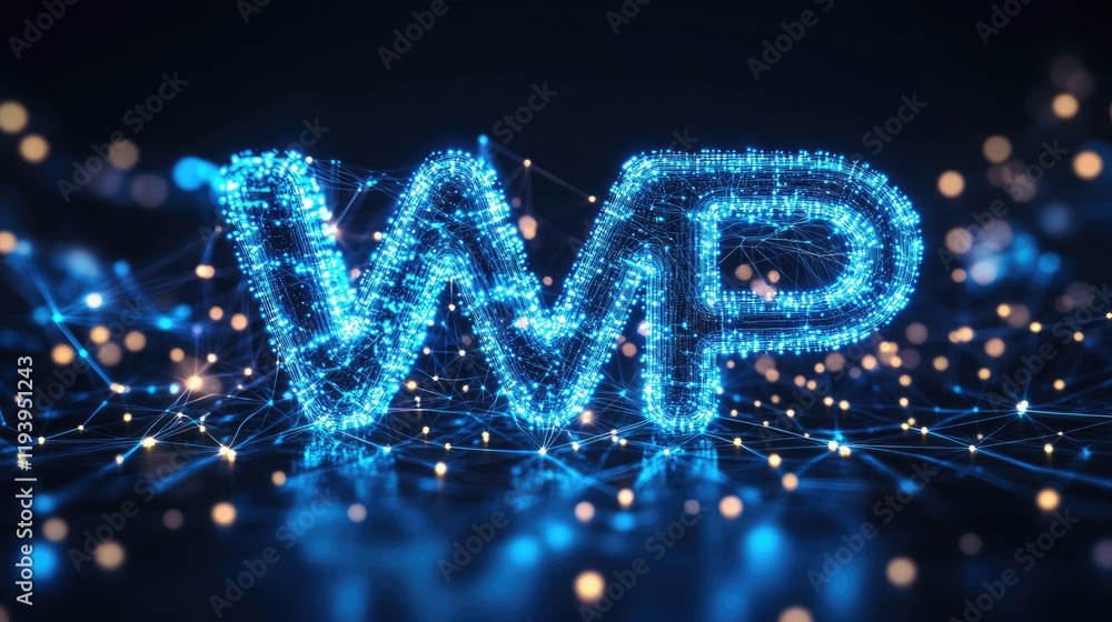 Poster blue glowing dots forming vr text, with intricate network connections and a dark background, symboli