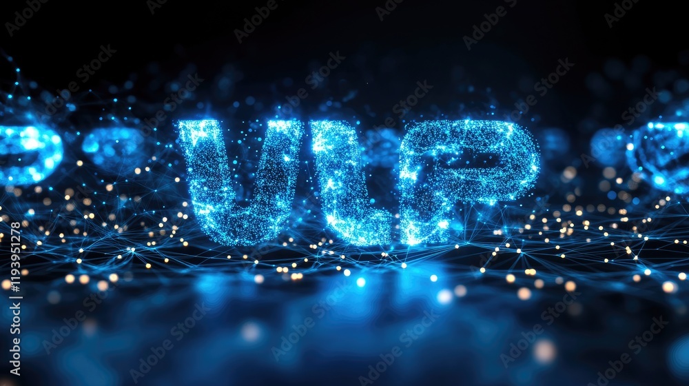 Poster blue glowing dots forming vr text, with intricate network connections and a dark background, symboli