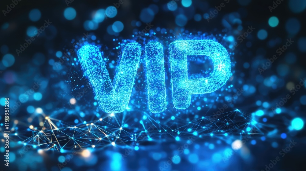Poster blue glowing dots forming vr text, with intricate network connections and a dark background, symboli