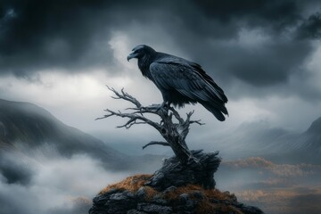 Fototapeta premium A dramatic stormy scene with a vulture perched atop a skeletal tree, framed against dark, brooding clouds