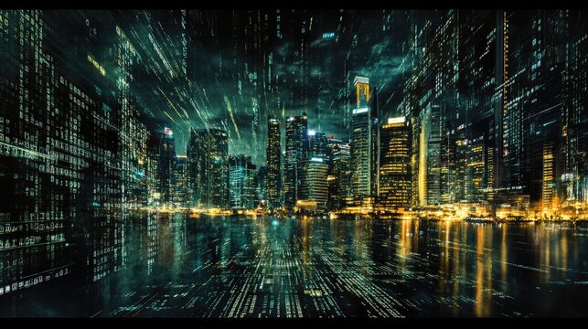 Binary codes overlayed on a digital world map with an urban city skyline in the background at night, symbolizing the digital age and the global flow of information