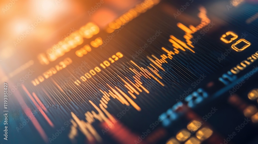 Poster close-up of a credit card with financial data and stock market candlestick charts, surrounded by dig