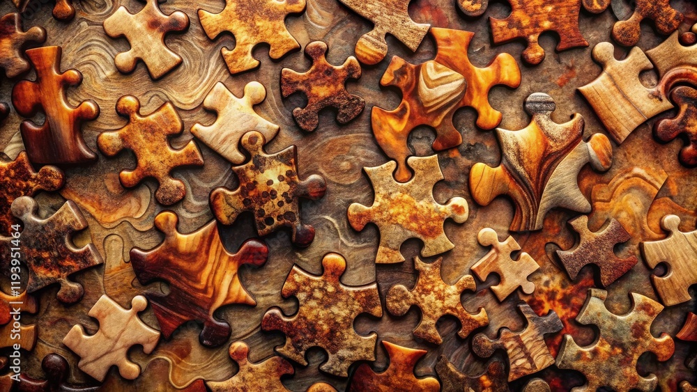 Poster intricate wooden puzzle pieces forming a complex pattern