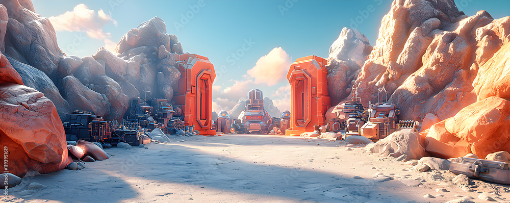 Poster a desolate landscape with a large orange structure in the middle