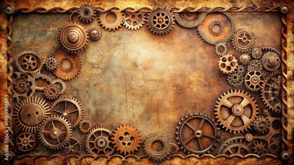Aufkleber rustic grunge background featuring an array of interlocking metal cogwheels and gears within an orna