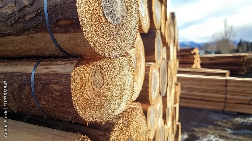 Poster close-up view of stacked pine logs in a lumber yard, showing the rich texture of the wood and the ea