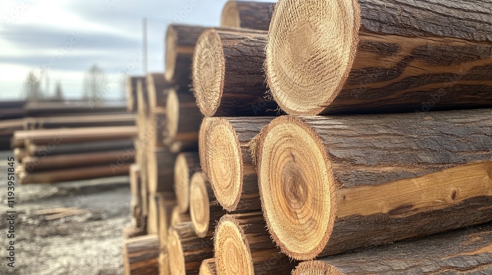 Poster close-up view of stacked pine logs in a lumber yard, showing the rich texture of the wood and the ea