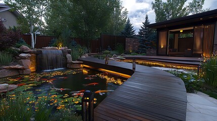 Obraz premium Serene Koi Pond Garden Path, Night Lighting, Waterfall, Backyard Oasis