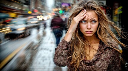 Fototapeta premium Young woman feeling stressed in a busy city street with blurred motion effect, showcasing urban life, emotions, and the fast pace of modern life.