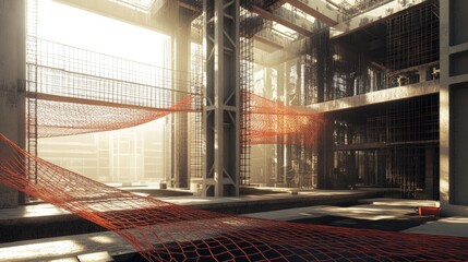 Construction site with safety nets, beams, and multi-level architectural work, perfect for articles on real estate and urban development.