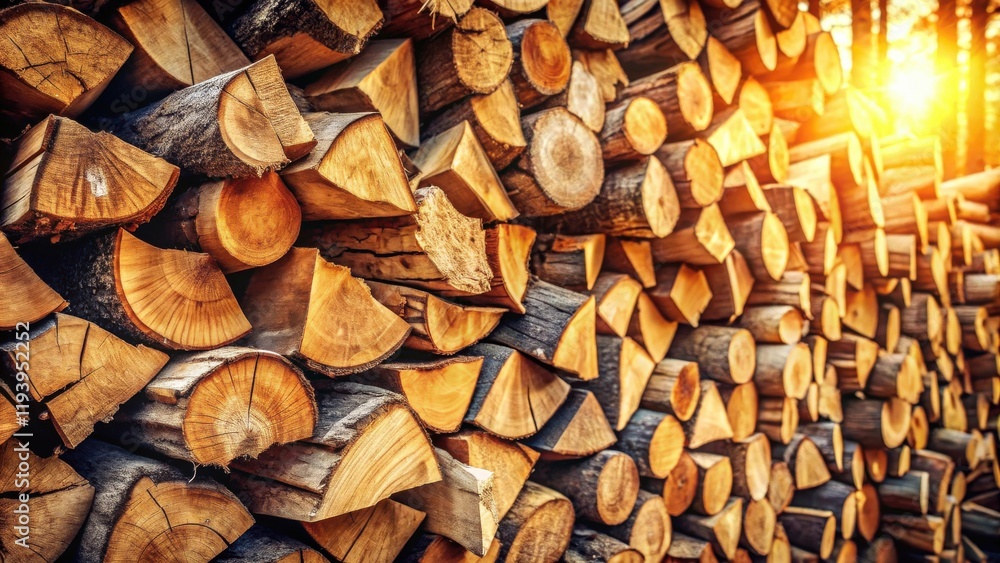Poster warm-toned firewood stack, neatly arranged logs in a rustic setting, bathed in sunlight
