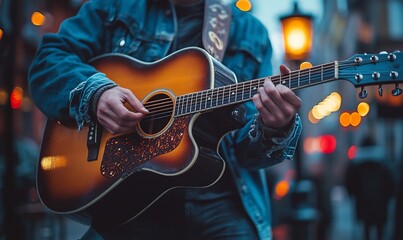 Naklejka premium Close-up of a person playing an acoustic guitar on a city street at night.