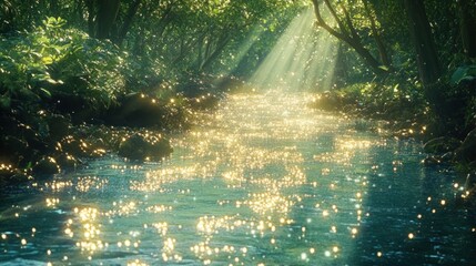 Sunlit Stream in Lush Forest: A Serene Escape