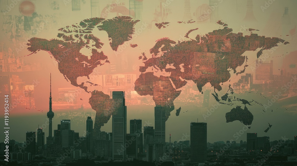 Poster currency symbols overlayed on a world map with a modern city skyline in the background, illustrating