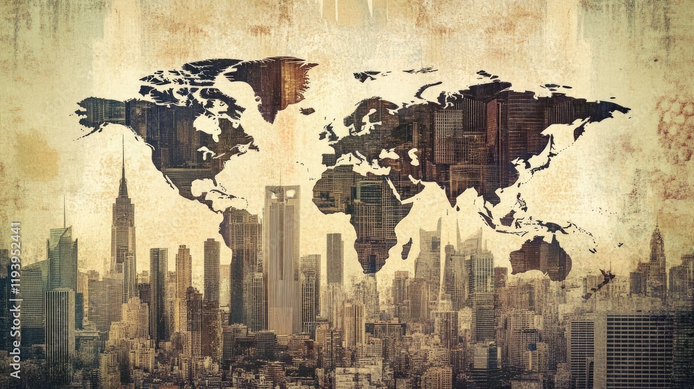 Poster currency symbols overlayed on a world map with a modern city skyline in the background, illustrating