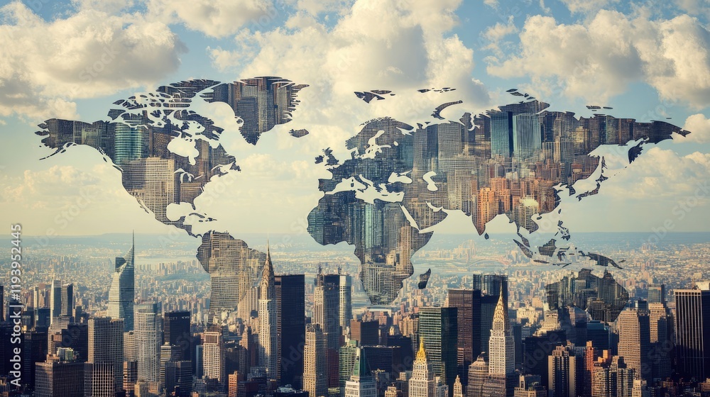 Poster currency symbols overlayed on a world map with a modern city skyline in the background, illustrating