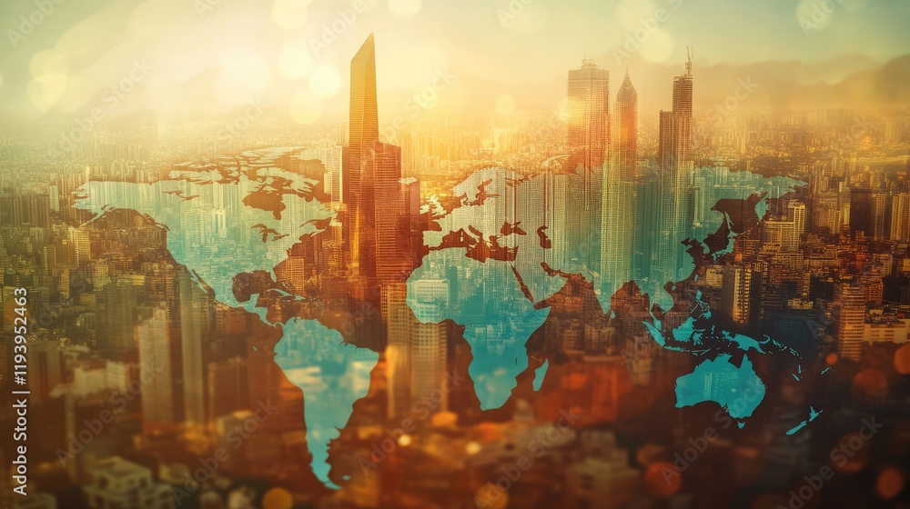 Poster currency symbols overlayed on a world map with a modern city skyline in the background, illustrating