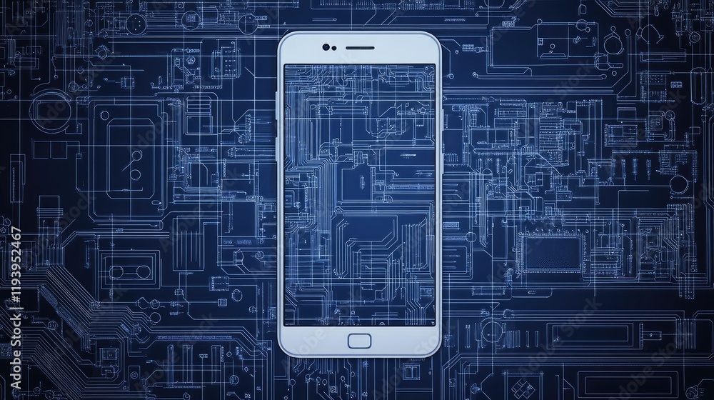 Poster Detailed blueprint of a smartphone on a circuit board, with fine lines and patterns symbolizing technical excellence and modern innovation.
