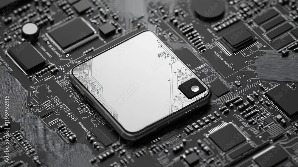 Poster Detailed smartphone blueprint on a circuit board, highlighting the intricate designs and lines symbolizing technological innovation and minimalism.