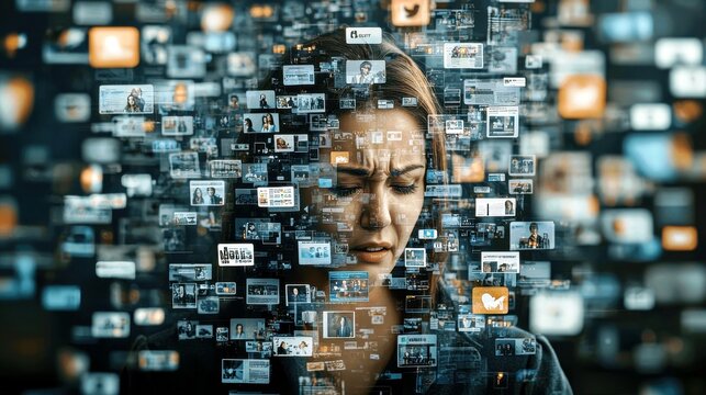 Emotional woman surrounded by chaotic digital images representing overwhelming online information and social media interactions in a surreal perspective