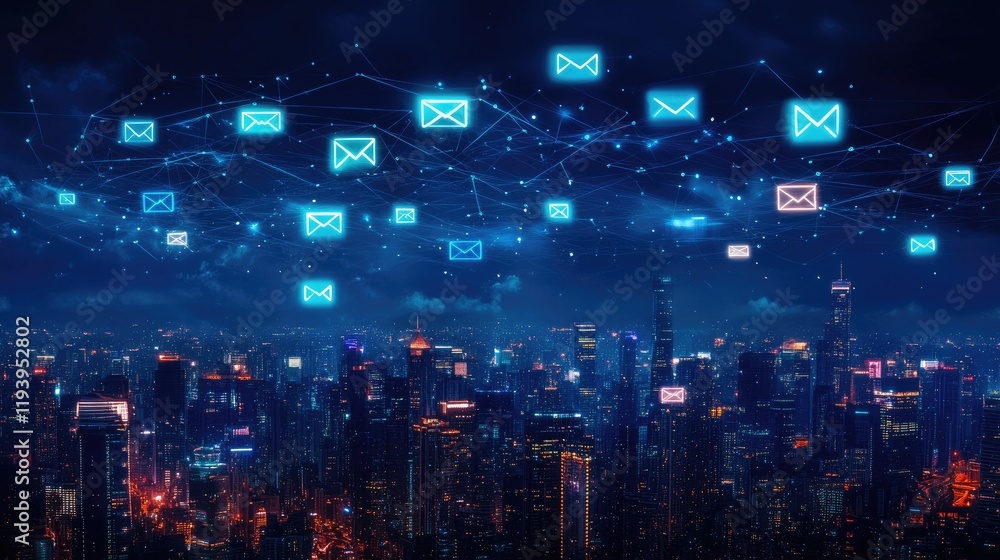 Aufkleber digital email icons floating above a vibrant city skyline at night, symbolizing global communication