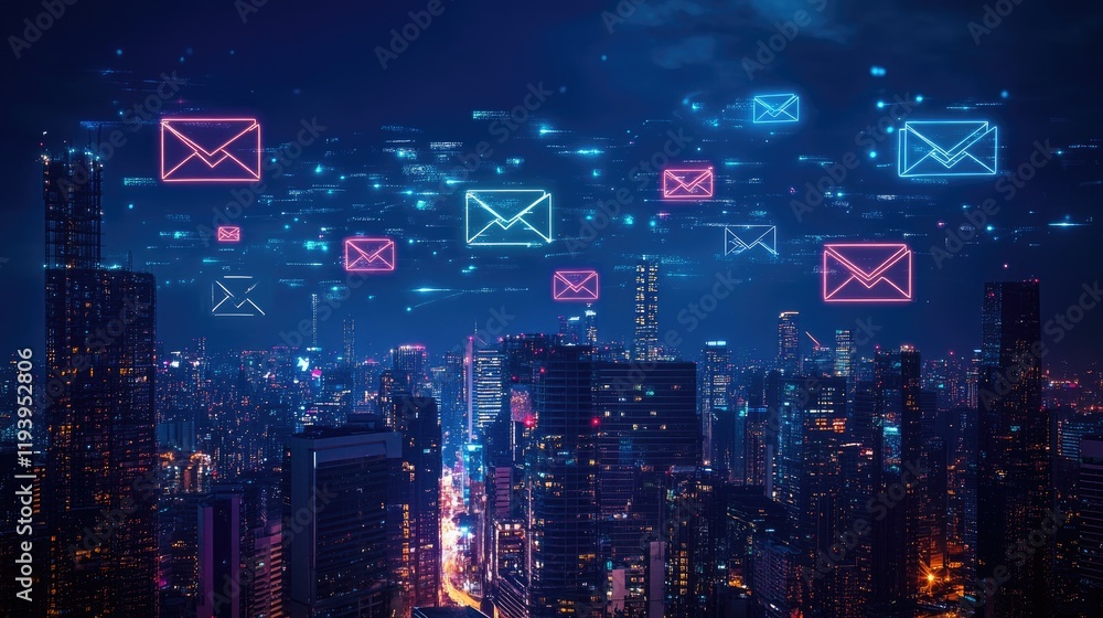 Poster digital email icons floating above a vibrant city skyline at night, symbolizing global communication
