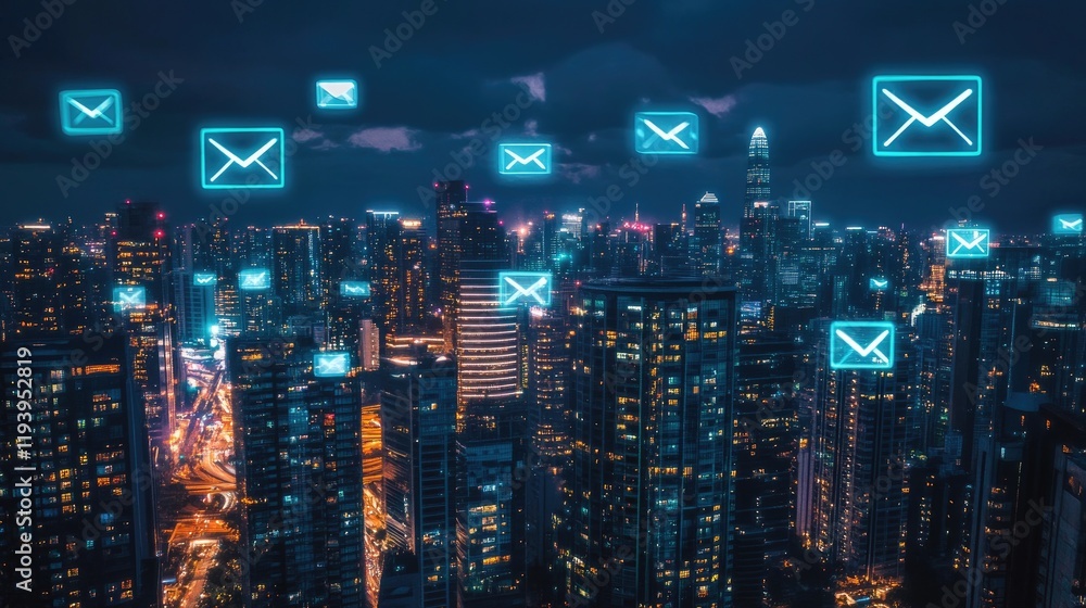 Poster digital email icons floating above a vibrant city skyline at night, symbolizing global communication