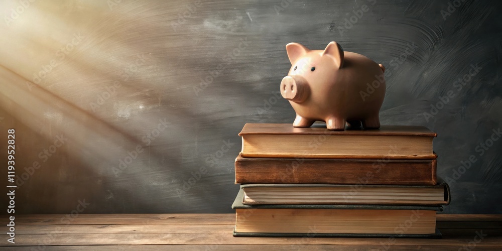 Poster a piggy bank perched atop a stack of vintage books rests on a wooden surface against a dark backgrou