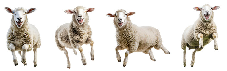 Fototapeta premium Jumping Sheep Isolated on White Background: Fun and Playful Farm Animals isolated on a transparent PNG background, white background, cut out