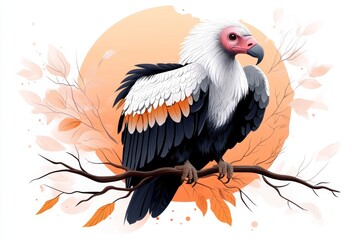 Obraz premium A flat 2D illustration of a vulture perched on a tree branch, with vibrant earthy tones and clean outlines on a white background