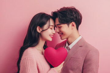 Portrait of young Asian couple posing with a heart with pink background for Valentine's Day