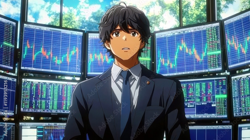 Poster young business professional in a suit stands in front of multiple digital screens displaying stock m