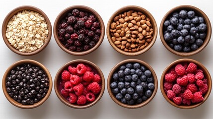 Healthy breakfast ingredients oats, berries, almonds.  Top view food photography for recipe blogs