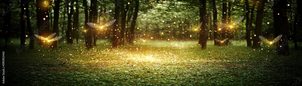 Poster enchanted forest scene with soft glowing lights and delicate fireflies creating a magical atmosphere
