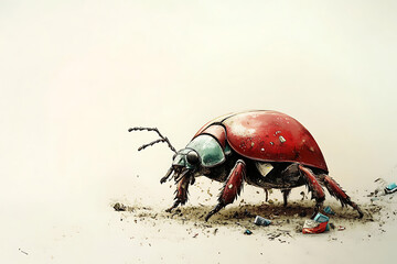 A stylized beetle with a red shell and trash around it, highlighting environmental issues.