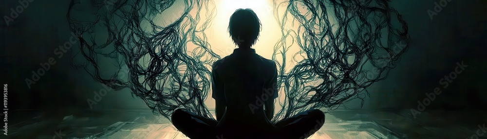 Poster contemplative figure surrounded by ethereal wisps and dark tendrils, exploring themes of introspecti