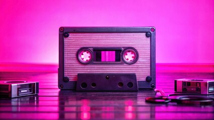 Fototapeta premium Retro audio cassette tape and vintage camera on a reflective surface with vibrant pink lighting.