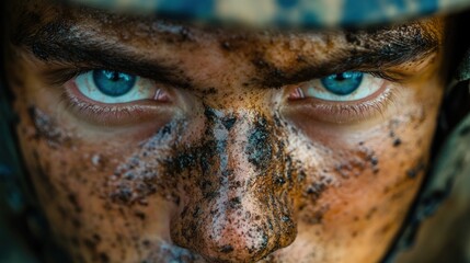 Close-up of a soldier's mud-covered face with intense blue eyes.