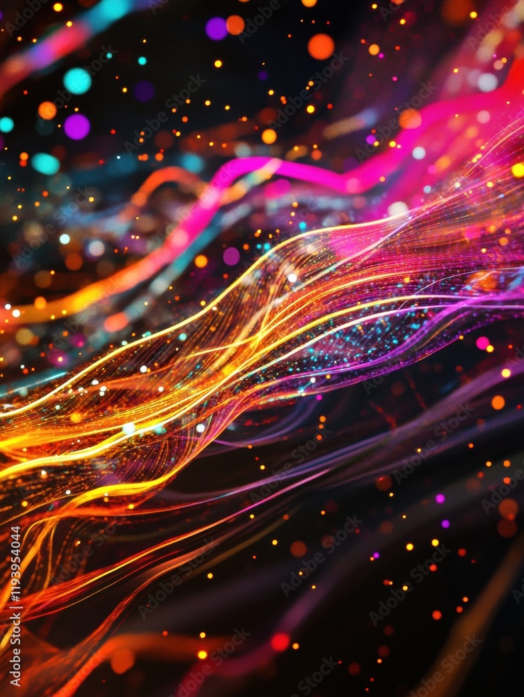 Aufkleber Vibrant energy lines and dots display active communication and data exchange in dynamic patterns and colors. Generative AI